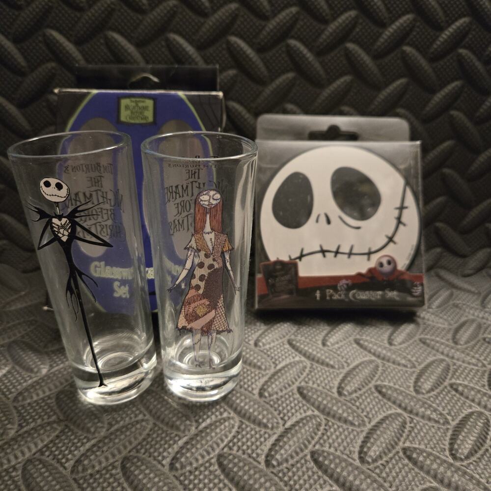 Nightmare Before Christmas Shot Glasses & Coaster Lot Jack Skellington Sally